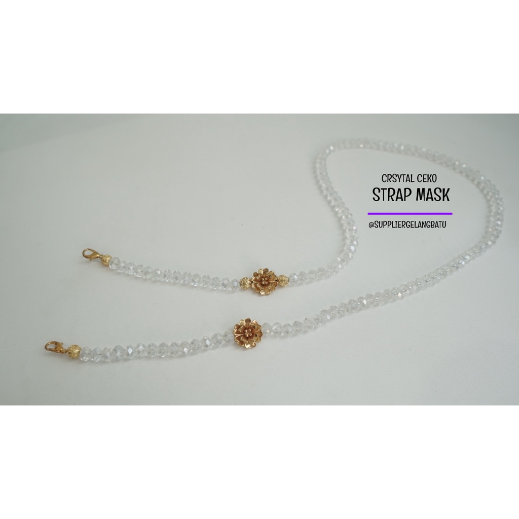 strap masker bunga teratai premium kristal ceko bening panjang gold