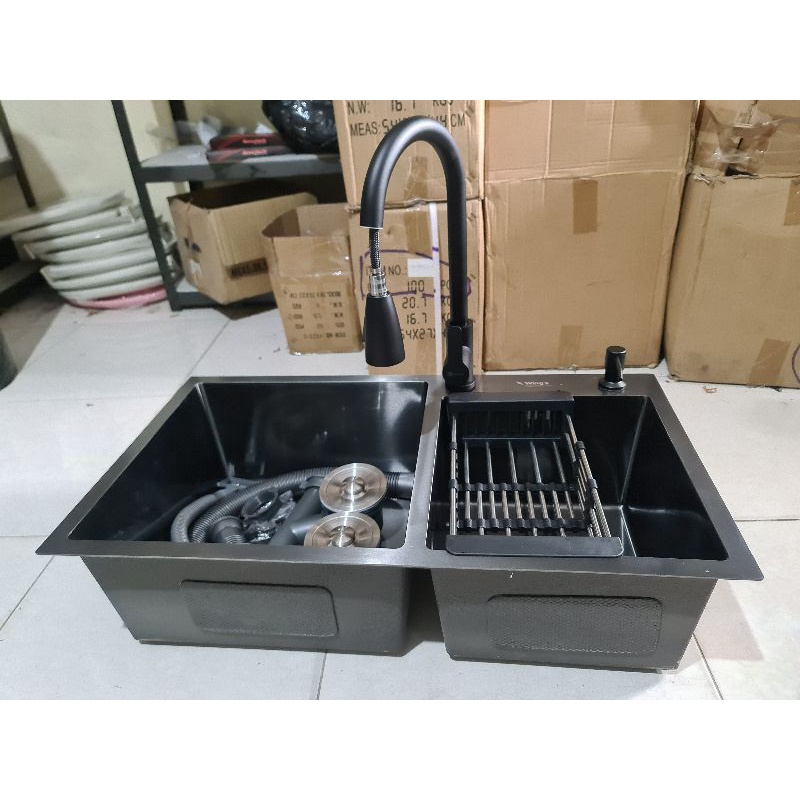 KITCHEN SINK BLACK HITAM / bak cuci piring 2 lubang stainless SUS304 tebal 3mm 82X45 ANTI KARAT