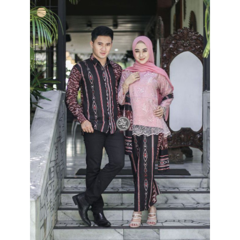 BAJU BATIK COUPLE MODEL KEBAYA BROKAT TILLE MODERN MOTIF SONGKET ETNIK WARNA DUSTY ROSE NUDE MODERN