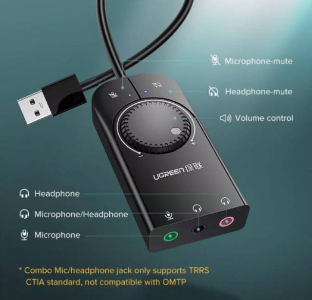 Ugreen Soundcard Eksternal with Mic and Volume Ugreen Usb Sound Card External Original