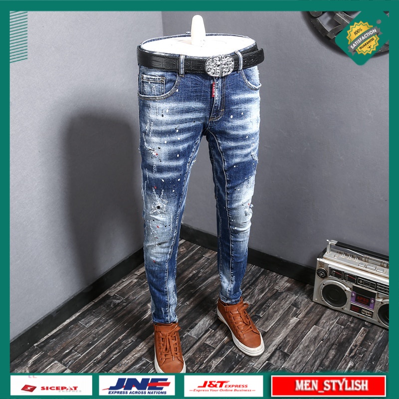 Celana Jeans Panjang Pria Fashion Streetwear  Blue Elastic Slim Fit Ripped Cotton Denim Pants Hombre