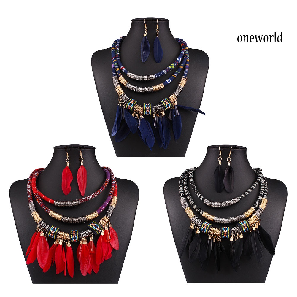 OW@ 2Pcs Feather Tassel Charm Multilayer Choker Lady Statement Necklace Earrings Set