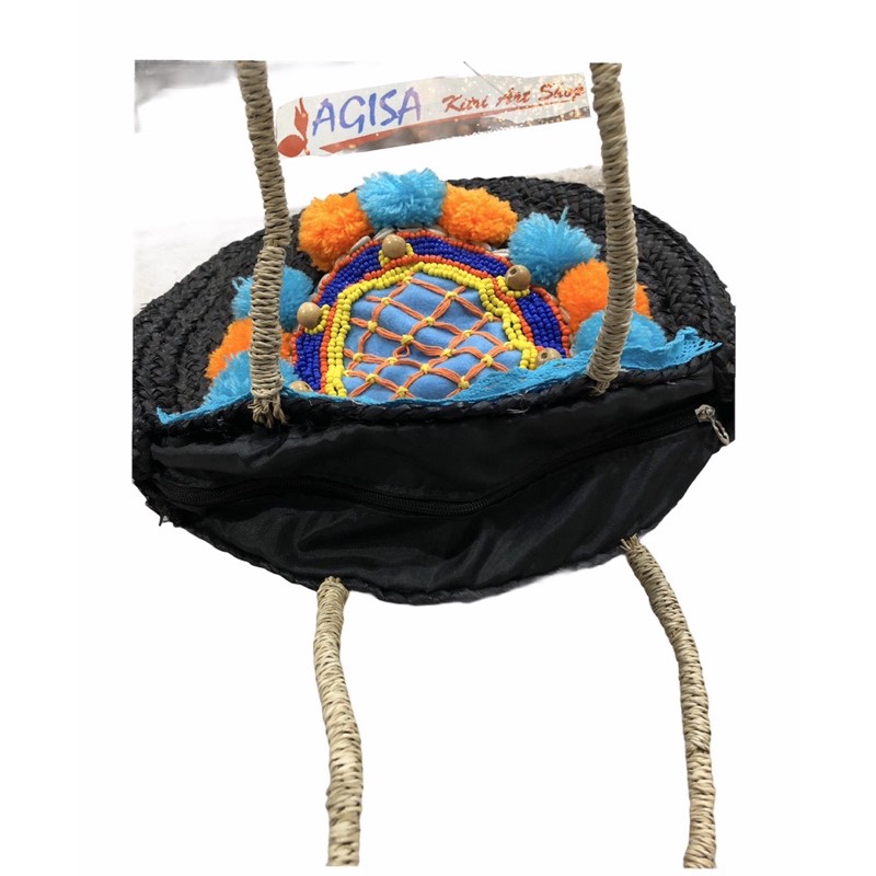 tas anyaman mendong pompom/tas anyaman bangkok / tas mendong sulam /tas mendong hias