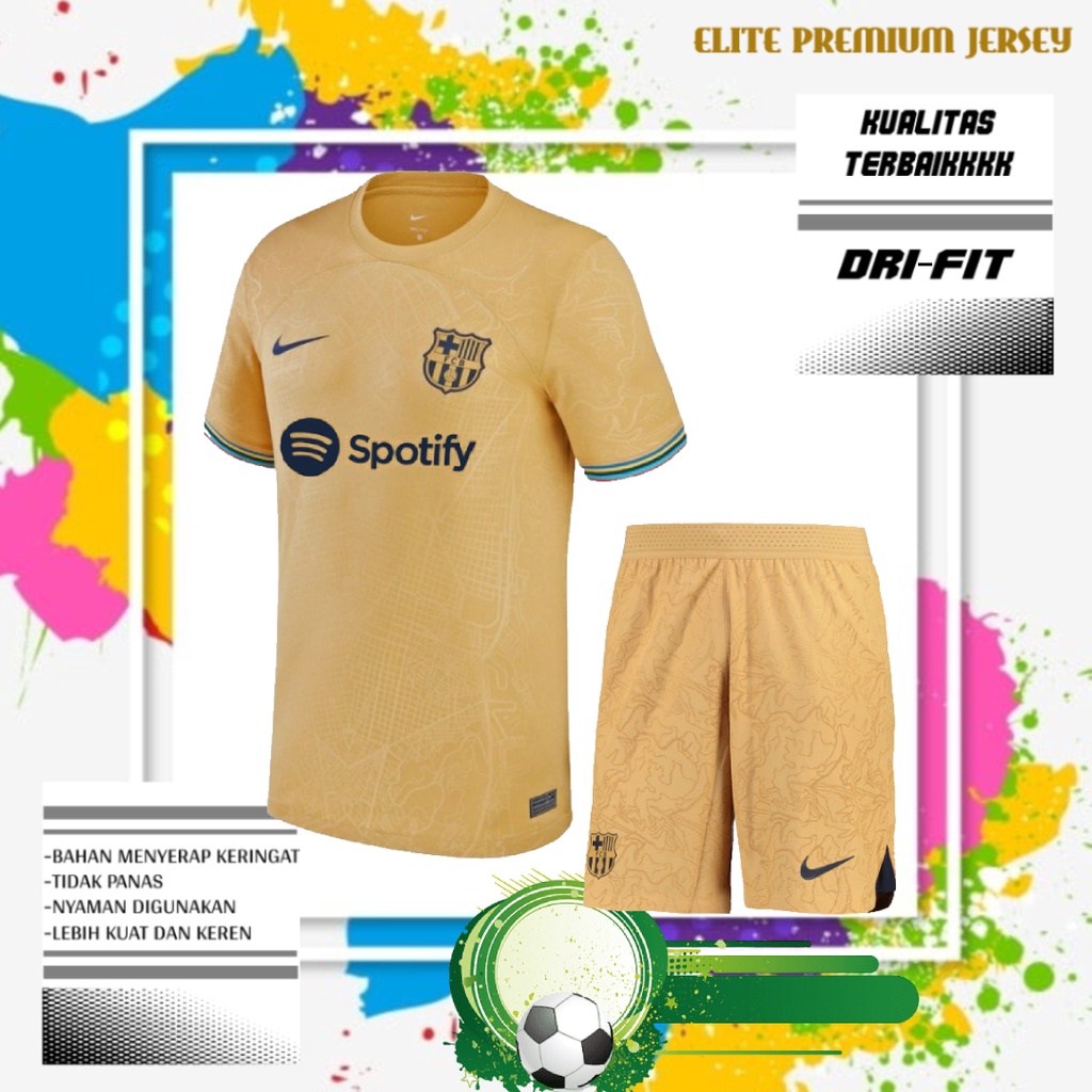 SETELAN JERSEY DAN CELANA BOLA BARCELONA AWAY 2022/2023 GRADE ORI | BAJU DAN CELANA BOLA BARCA AWAY 