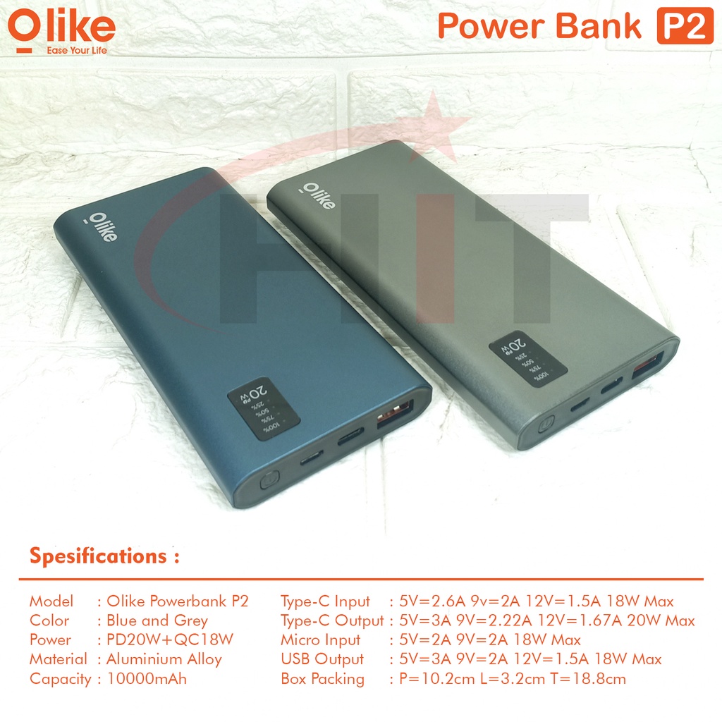 Olike PowerBank 10000mAh 3A Dual Output Port USB &amp; Type-C Original