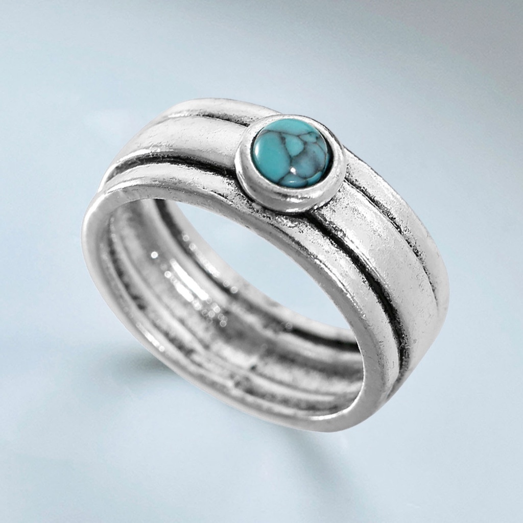 Hu Hu Hu Hu Hu Alat Bantu Pasang Kacamata♡ Cincin Tiga Lapis Gaya Etnik Vintage Dengan Turquoise Untuk Wanita