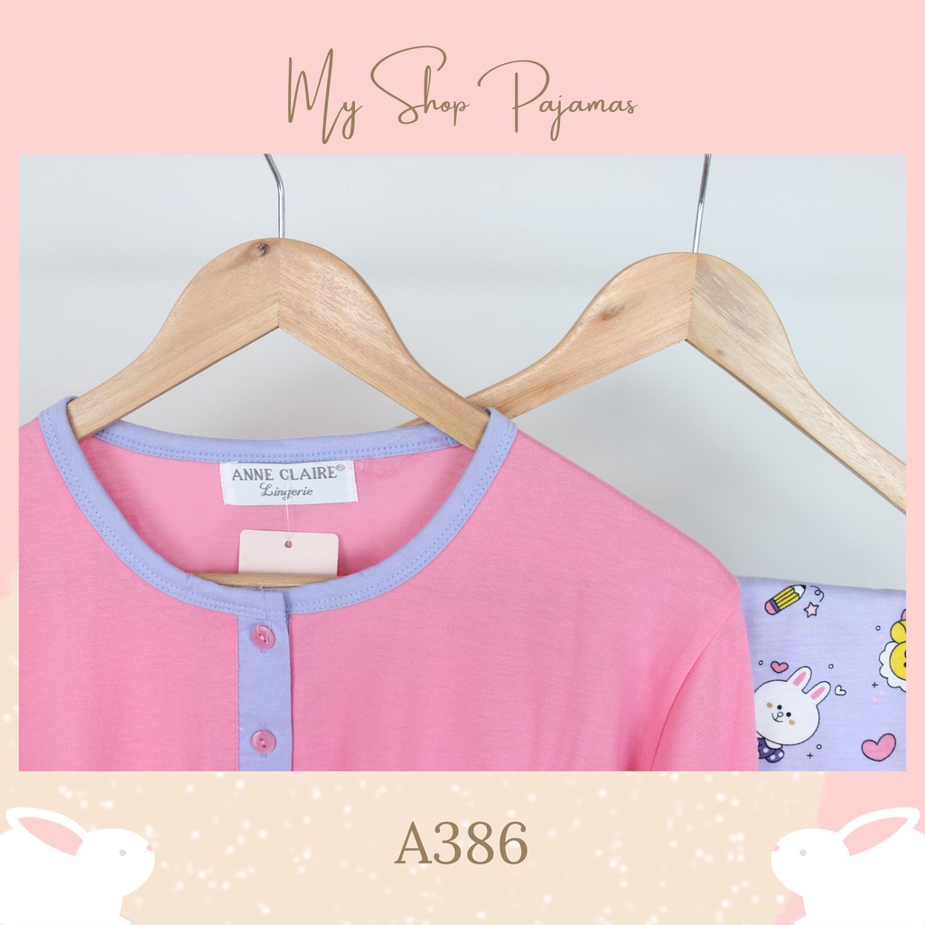 PIYAMA BABYDOLL SLEEPWEAR TANGAN LENGAN PENDEK CELANA PANJANG ANNE CLAIRE / BAJU PAKAIAN TIDUR SETELAN WANITA DEWASA PAJAMAS CP-A386 Pink