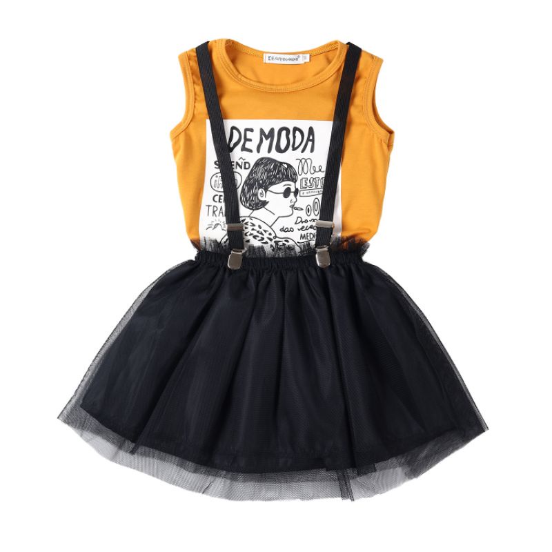 setelan kaos anak bayi perempuan warna kuning kunyit dan rok tutu hitam untuk anak 1tahun sampai 7ta