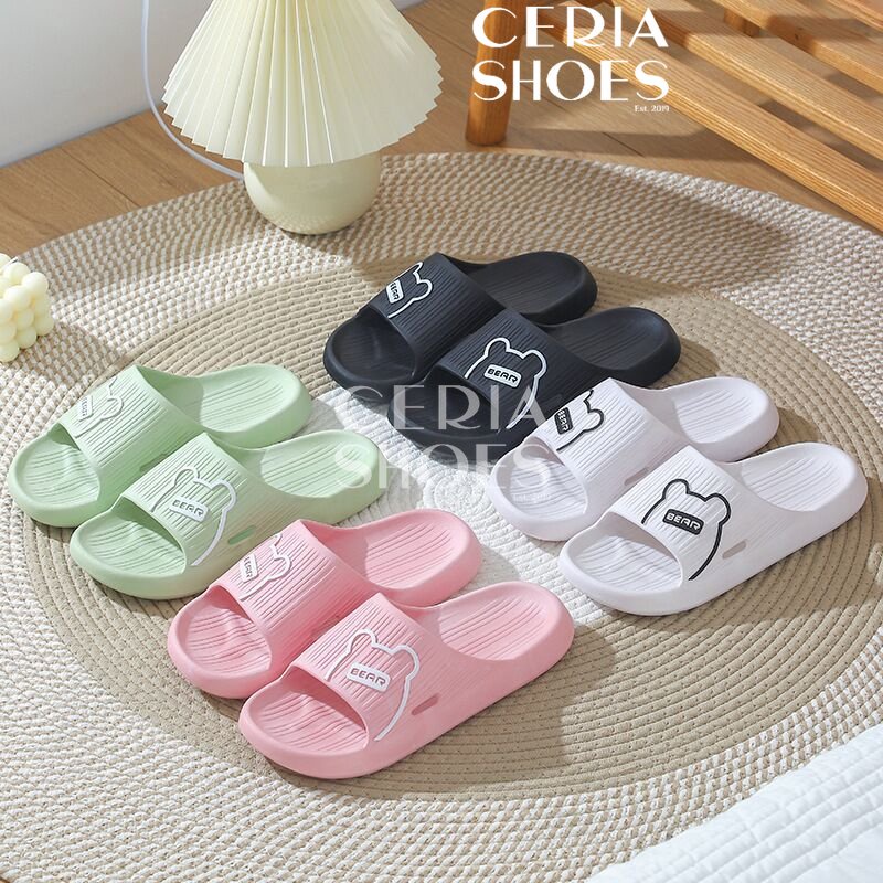 PVC Sandal Slop Kokop Wanita Import Motif Bear Korean Slippers Bahan Empuk Lentur Elastic Karet Non-Slip 2304