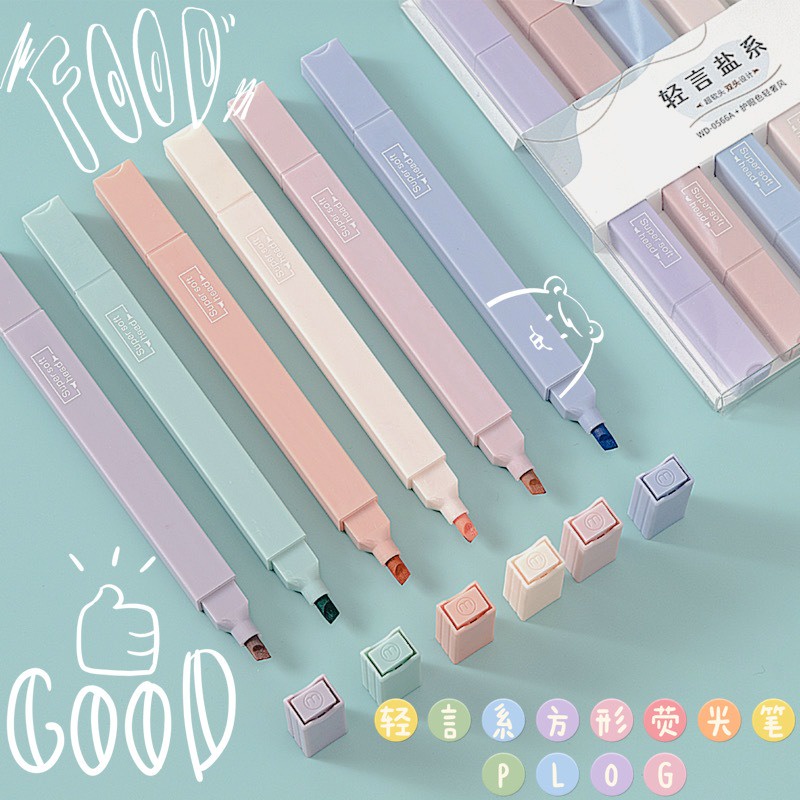 

RK Imoda 6pcs / Kotak Spidol Highlighter Dua Sisi Warna Permen Macaron Untuk Stationery Sekolah /