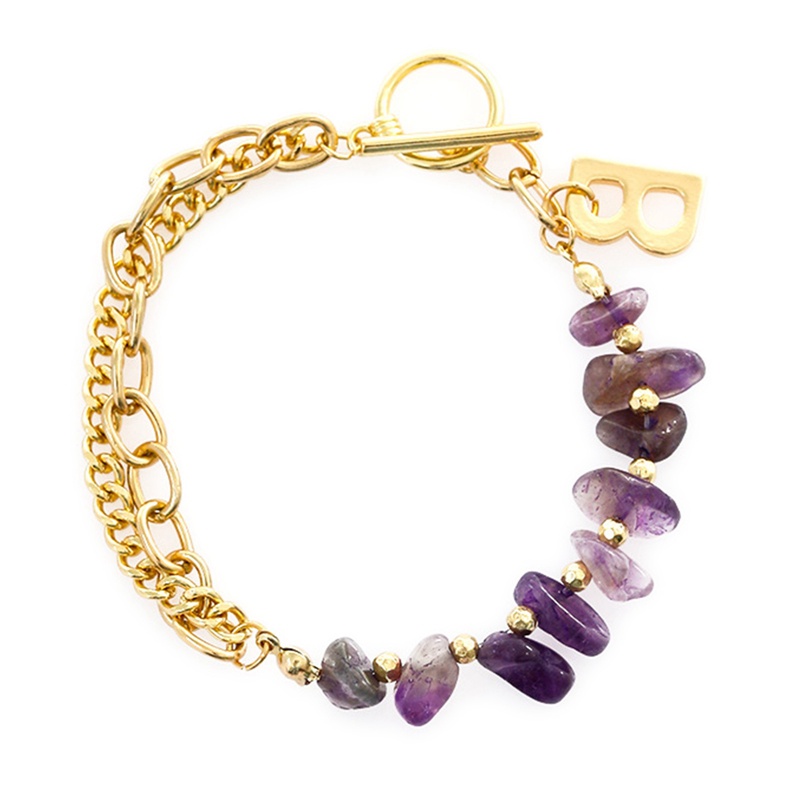 Gelang Tangan Wanita Manik Batu Amethyst Kristal Turmalin Ungu Hias Bunga