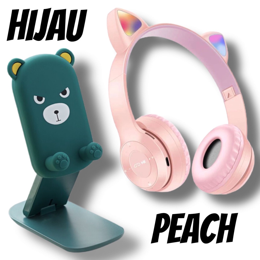 Silvertech Paket Belajar Online Headphone Bluetooth dan Holder Meja Imut Headphone Kucing dan Holder Meja Karakter