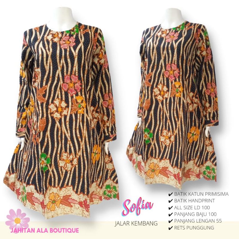 SOFIA JALAR KEMBANG  Dress Batik Midi Lengan Panjang Bahan Katun Premium