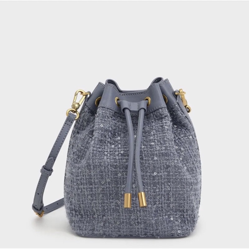 C Tweed Drawstring Bucket Bag