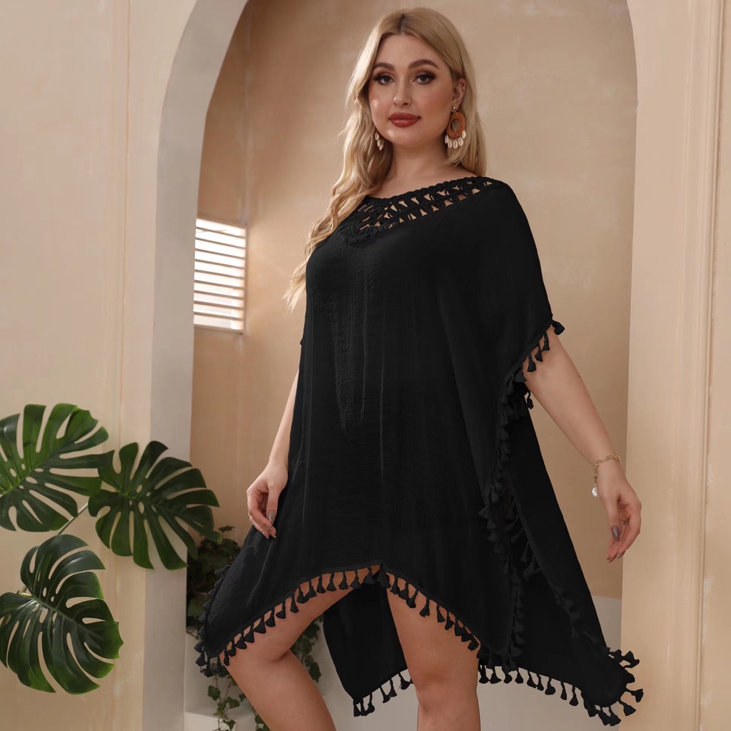 Outer Wanita Jumbo Big Size Poncho Pom Pom Hitam Polos Baju Pantai Rajut Beach Wear Knit Plain Black