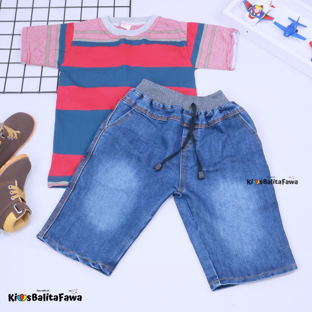 Setelan Salur Jeans uk 5-6 Tahun / Kaos Anak Cowok Celana Jeans Pendek Baju Anak Cowo Murah Pakaian