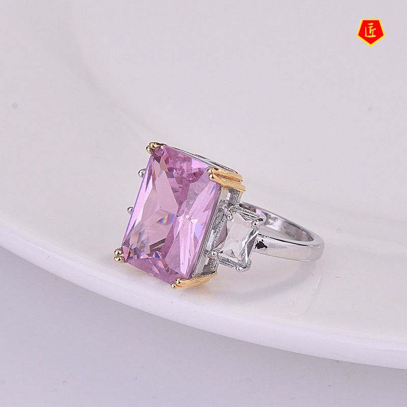 [Ready Stock]Pink Crystal Color Separation Square Diamond Ring Luxury and Elegant