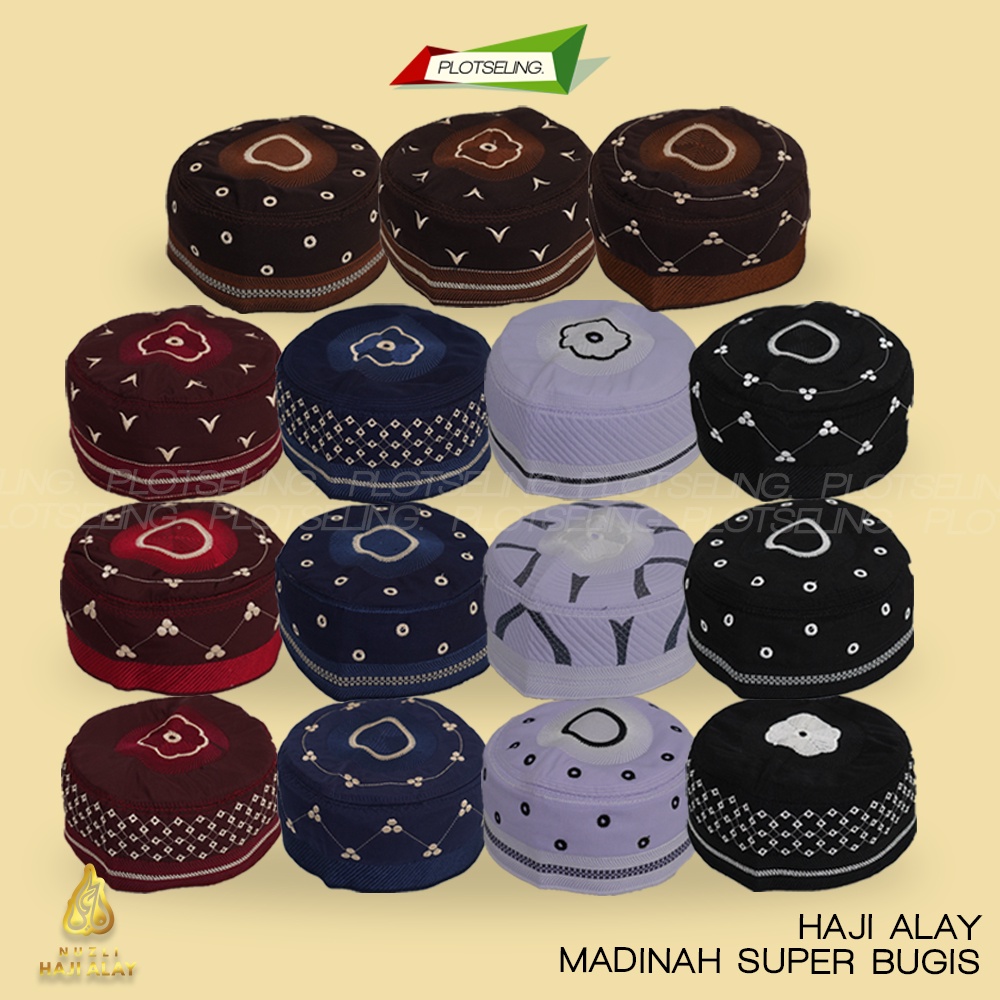 Peci MADINAH BUGIS SUPER Haji Kopiah Medina Santri Pesantren Dewasa Anak Laki Motif Model Bordir Kopyah Solat Hitam Putih Biru Dongker Navy Marun Coklat Polos Kopeah Pria Sholat Bulat Tinggi Oman Malaysia Assagofah Terompah Turki Mesir NU Original Ori