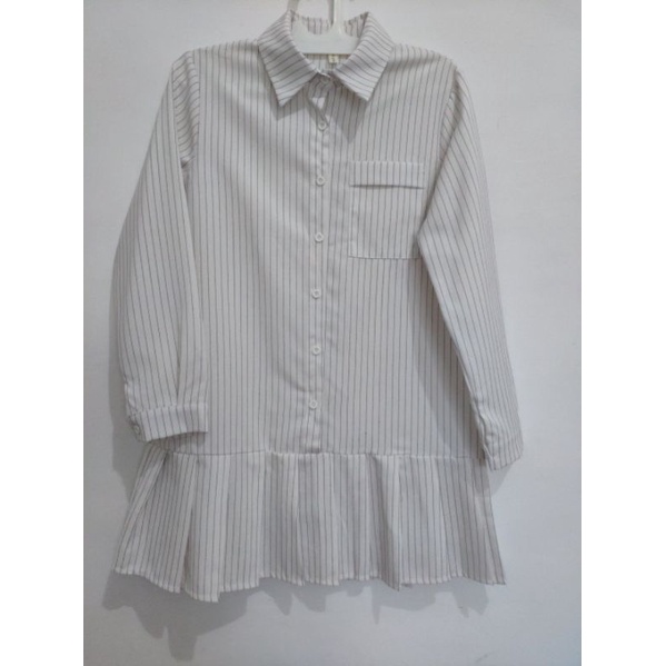 Kemeja Tunik Putih Rok Stripe Garis Hitam Formal Cewek Wanita New