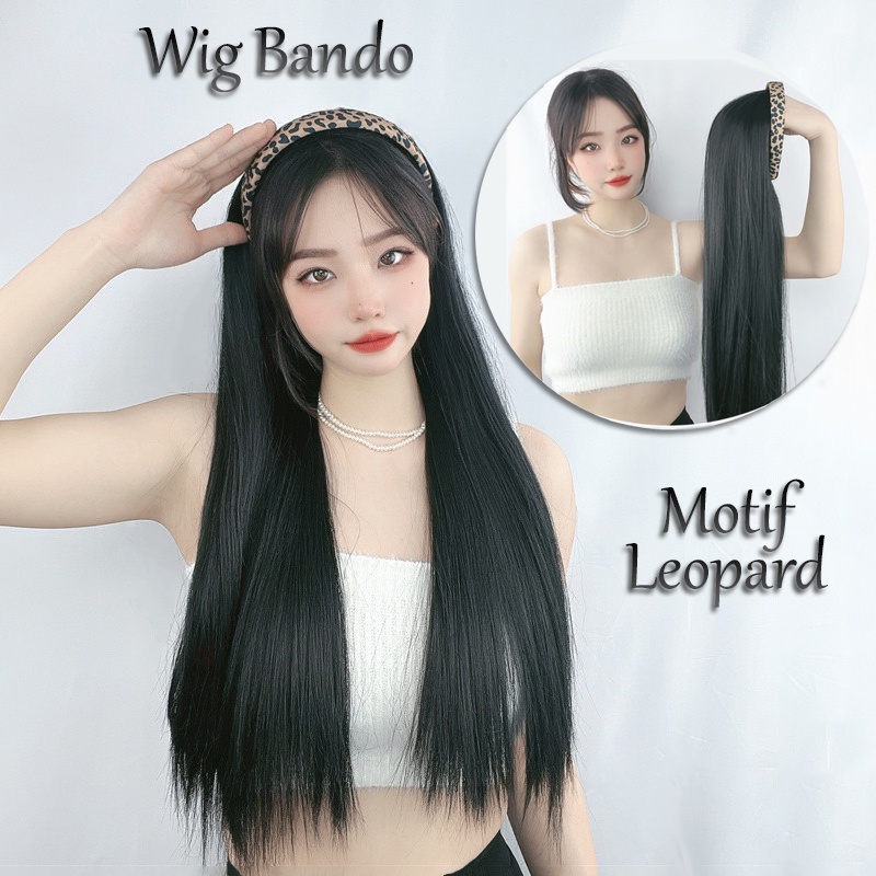 Wig Bando Cantik Wanita Motif Leopard Long Straight Natural Hair Korean Version