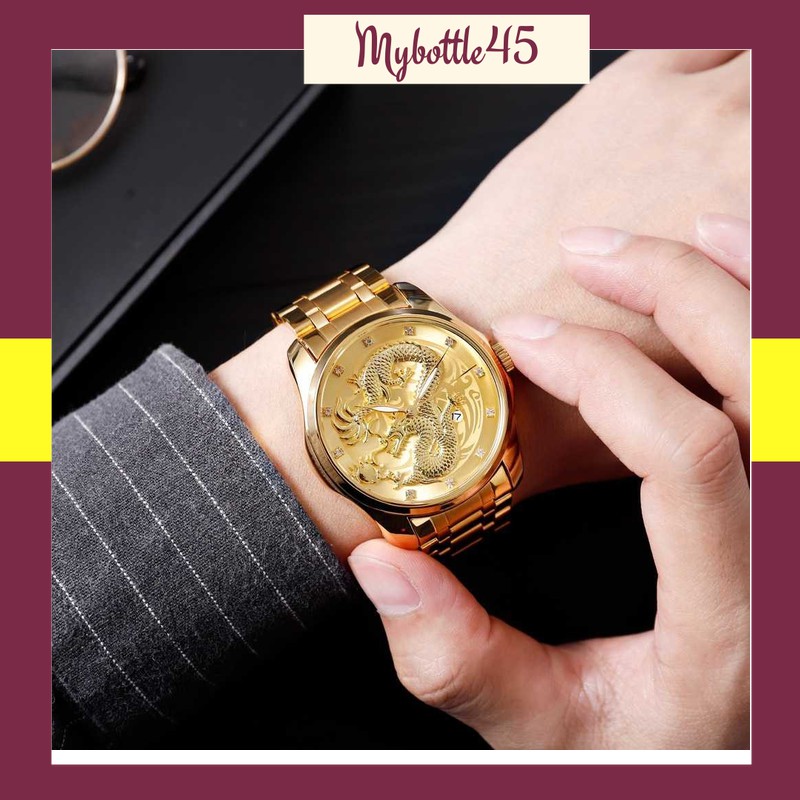 Jam Tangan Analog Pria Motif 3D Dragon Naga Stainless Steel Waterproof - Gold