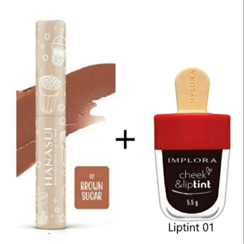 1 SET OMBRE HANASUI MATTEDORABLE LIP CREAM BOBA EDITION 02 BROWN SUGAR + IMPLORA LIPTINT 01 VAMPIRE 