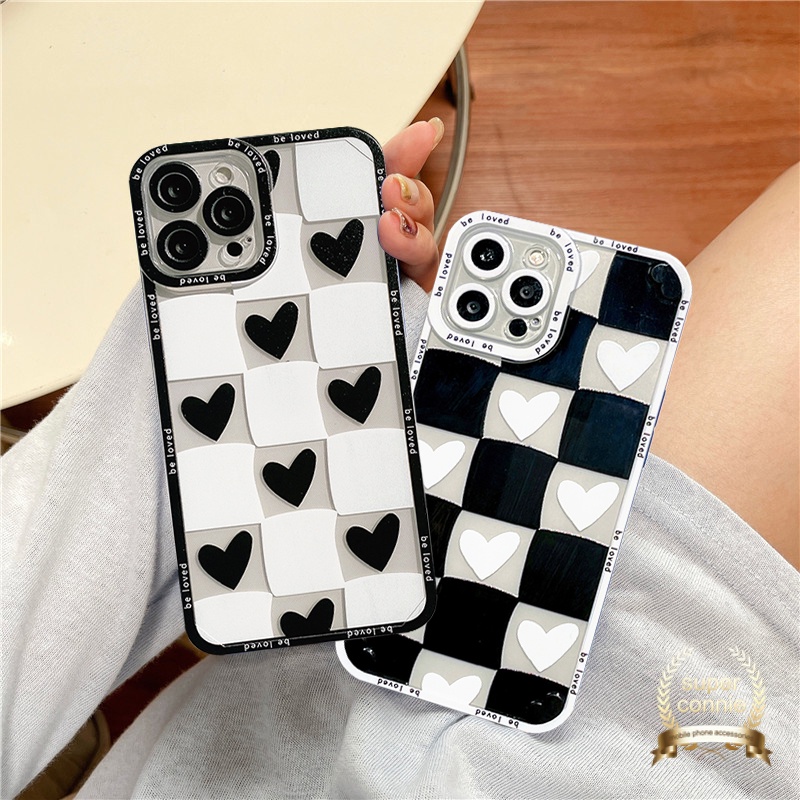 IPHONE Pasangan Kotak-Kotak Soft Tpu Case Untuk Iphone14 13 11 12 pro Max6 6s 8 7 plus XR X XS Max SE Cinta Hati Belakang Full Cover