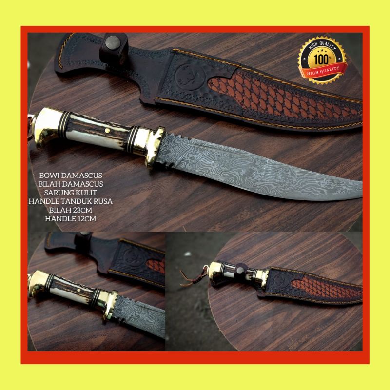 PISAU SEMBELIH BOWIE DAMASCUS SUPER TAJAM BERKUALITAS PREMIUM