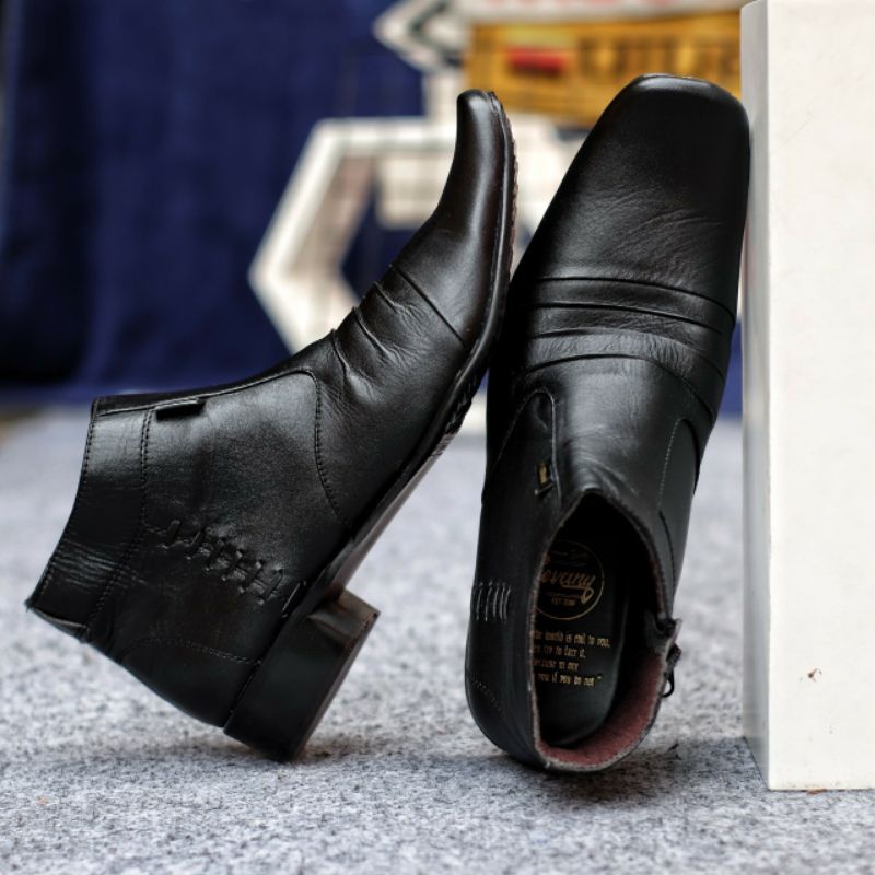 BADAMI BLACK Sepatu Pantofel Zipper Resleting Pria Kulit Asli Tinggi Lancip