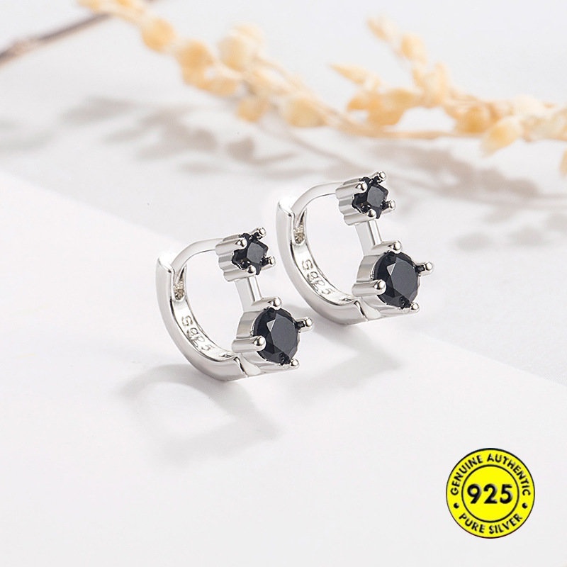 Anting Bulat Simple Warna Hitam Hias Berlian Imitasi Untuk Wanita U1027