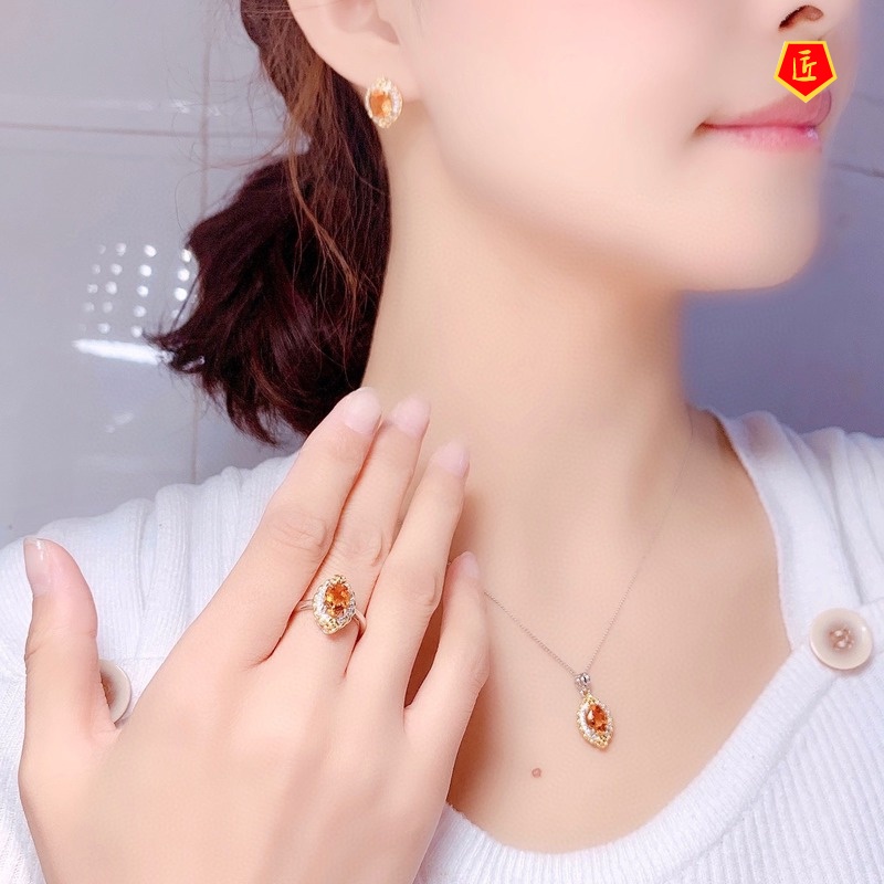 [Ready Stock]Boutique Natural Citrine Set Rings Stud Earrings