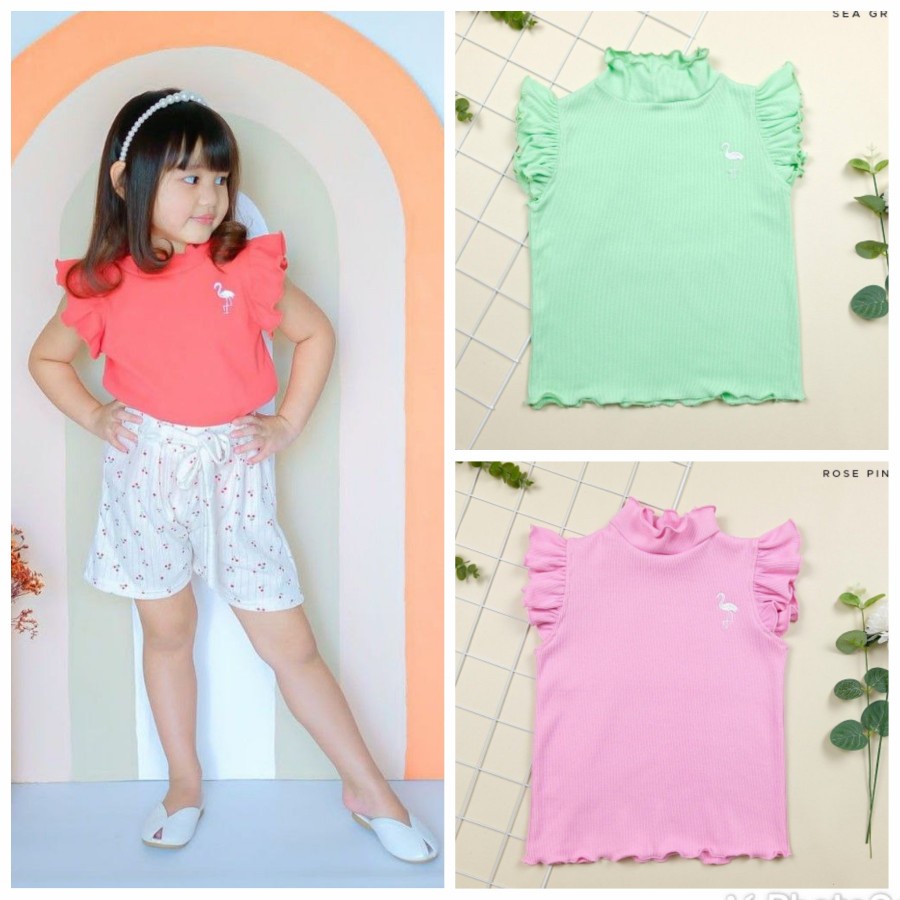 Baju Atasan Anak Perempuan Rib Top Bordir Flamingo/Daisy Size 1 - 6T