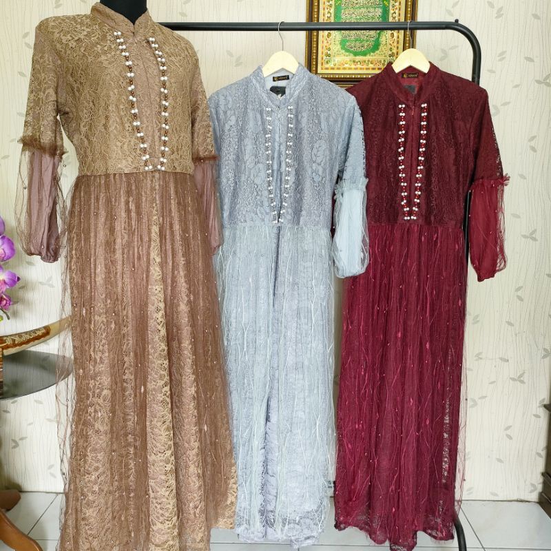 Gamis Dress Pesta Rompi Mutiara Mewah Brokat Kombinasi Tile Busui Wudhu Friendly