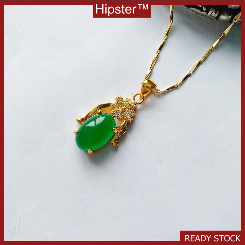 New Hot Selling Trend Full Diamond Green Jade Stone Pendant Elegant Necklace