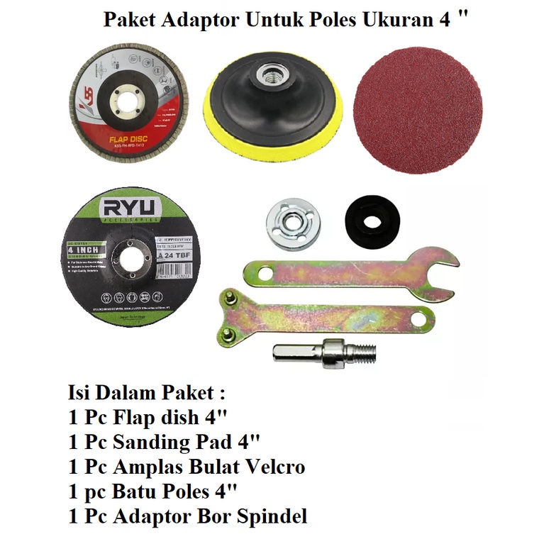 Paket Adaptor Spindel Bor + Sanding Pad + Flap Dish + Amplas Velcro 4 &quot; + Batu Poles Untuk Mesin Bor Menjadi Alat Poles Amplas