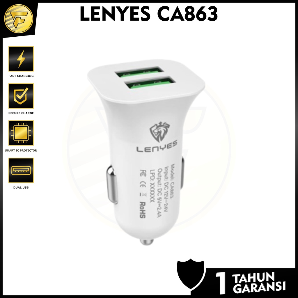 LENYES CA863 2.4A SAVER CAR Charger 2port USB HP adaptor Mobil cas handphone original