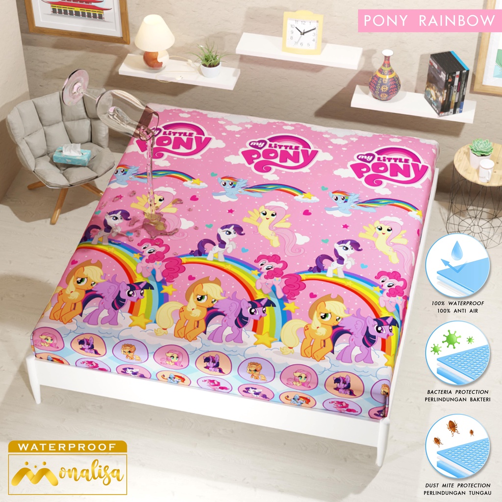 SPREI WATERPROOF MONALISA MOTIF KARAKTER UKURAN 180X200,160x200-pony rainbow