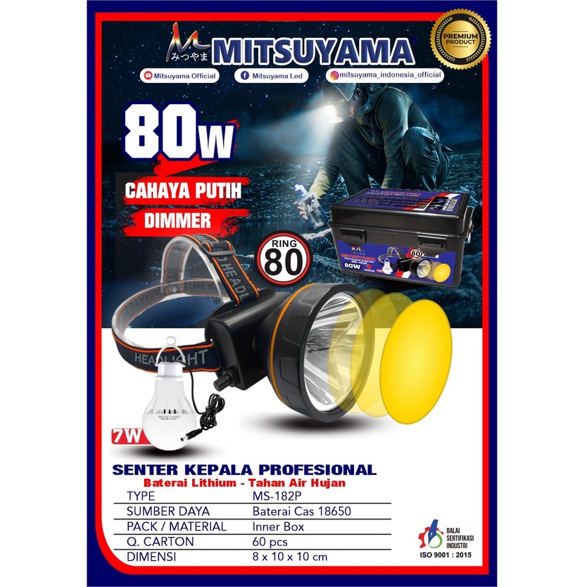 Mitsuyama Senter Kepala LED 80Watt Super Terang MS-182P Bonus Bohlam Rechargeable 80W - Lampu Senter Kepala Murah - Headlamp with Dimmer BISA COD