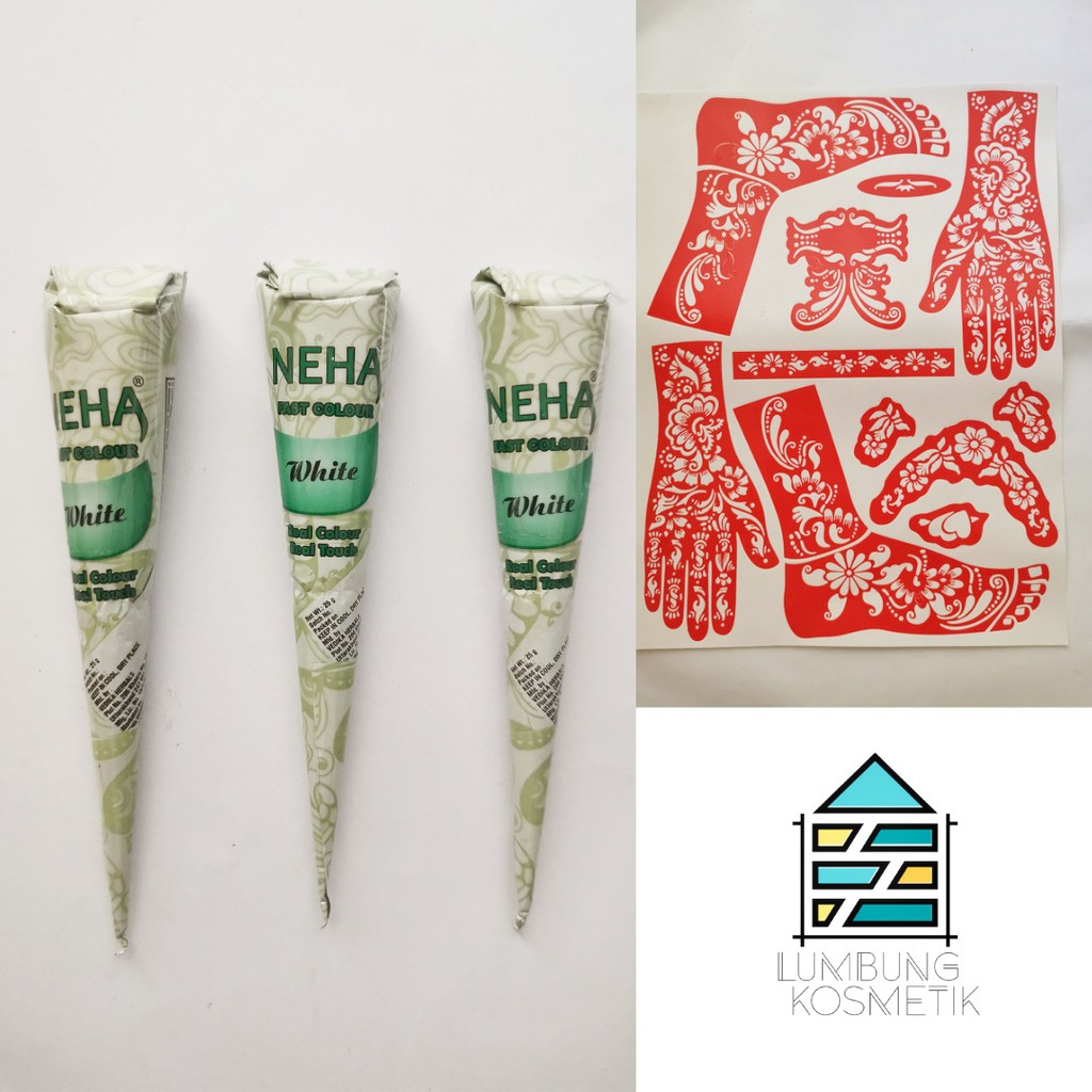 Paket Henna Neha Putih + Cetakan Sticker Hena White Cone Nail Art Ecer