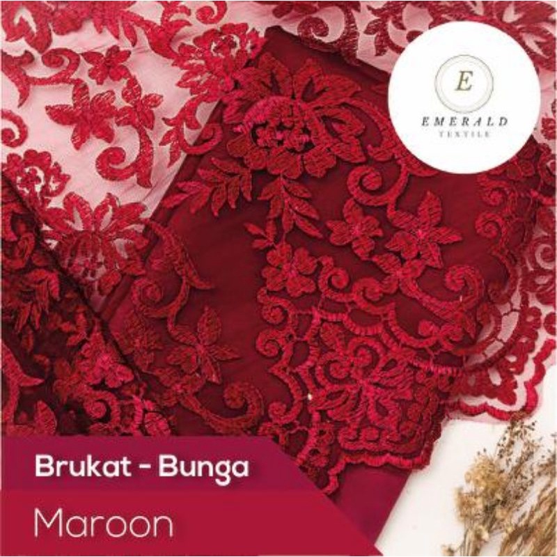 SETENGAH METER Kain Brokat Tile Prancis Bahan Kebaya Motif Bunga - Maroon ( HARGA PER 50cm KAIN )