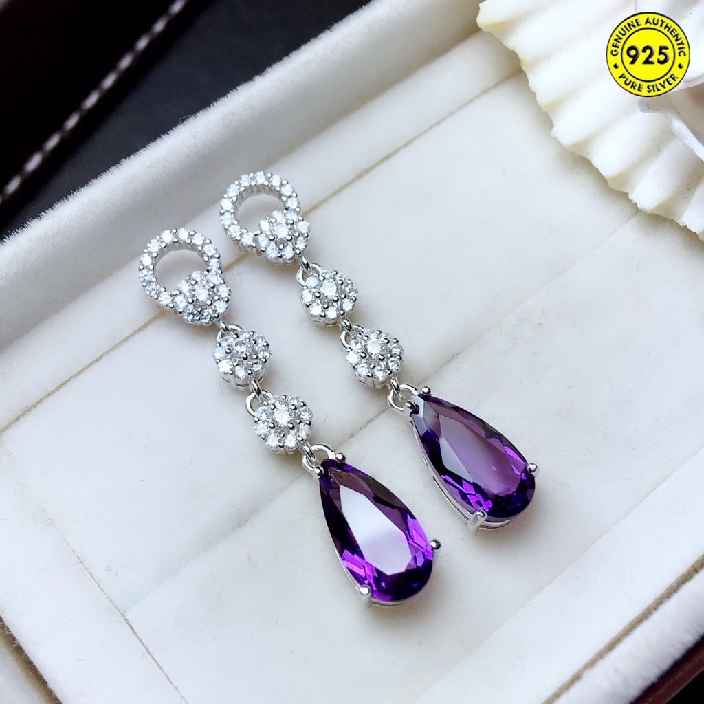 Anting Giwang Panjang Mewah Dengan Amethyst + Berlian Imitasi Untuk Wanita