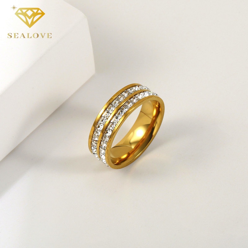 SEALOVE Wanita Titanium Cincin Anti Karat 18K Emas Penuh Berlian diamond ring Perhiasan Premium Korea Hadiah