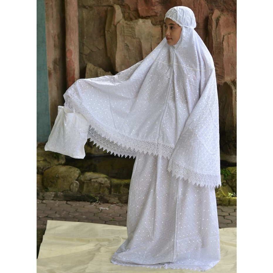 mukena setelan katun jepang putih full bordir mukena dewasa jumbo putih polos bordir gratis tas