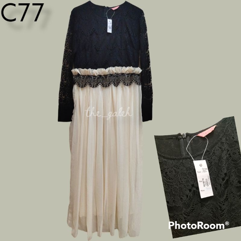 C77 New Long Dress Lengan Panjang Hitam Cream Brokat Dress Pesta Bagus Murah