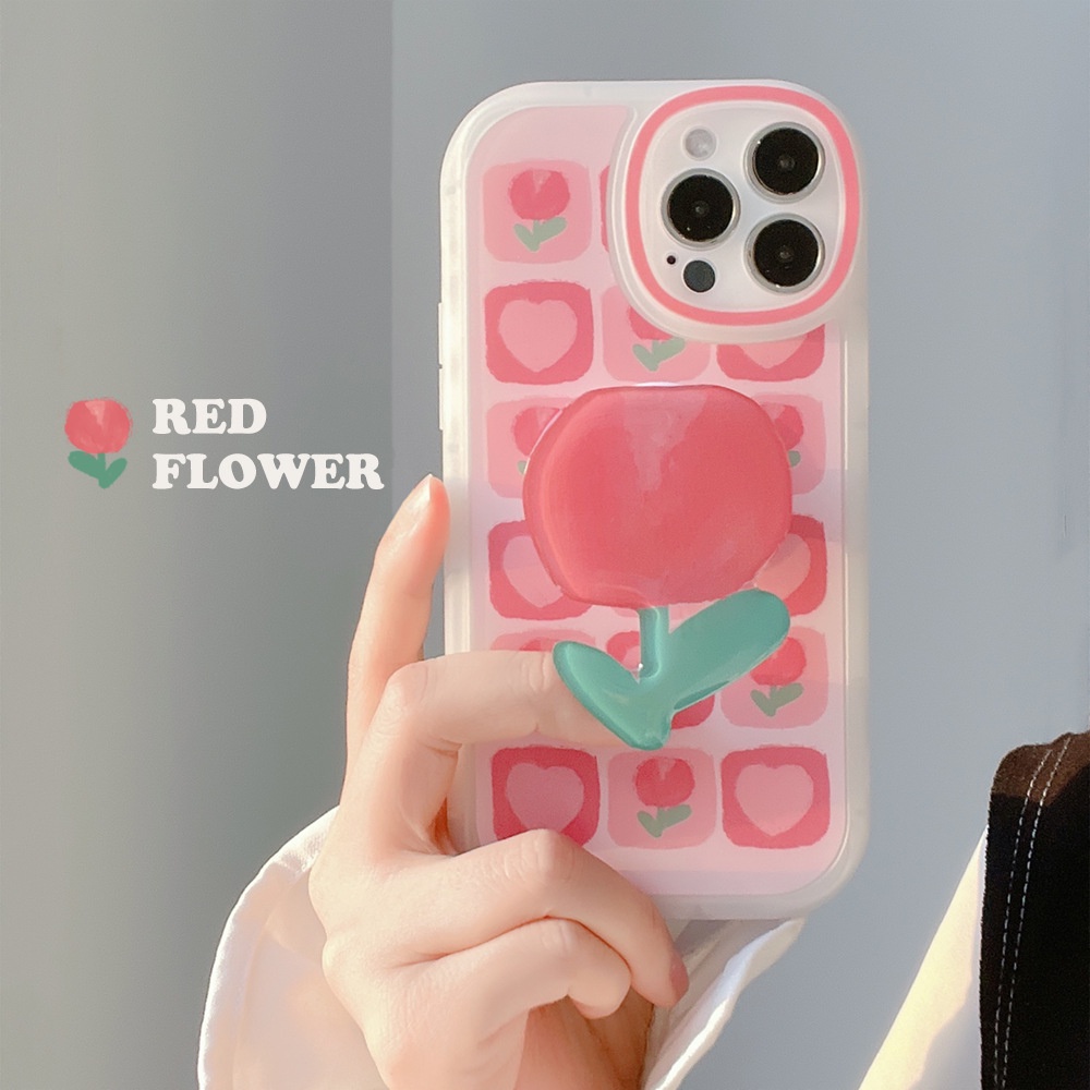 IPHONE Musim Panas Cinta Hati Pink Tulip Bunga Lucu Casing Ponsel Cover Untuk Iphone7 8 PLUS X XR XS 11 12 13 14 MINI PRO MAX SE 2020 Dengan Holder