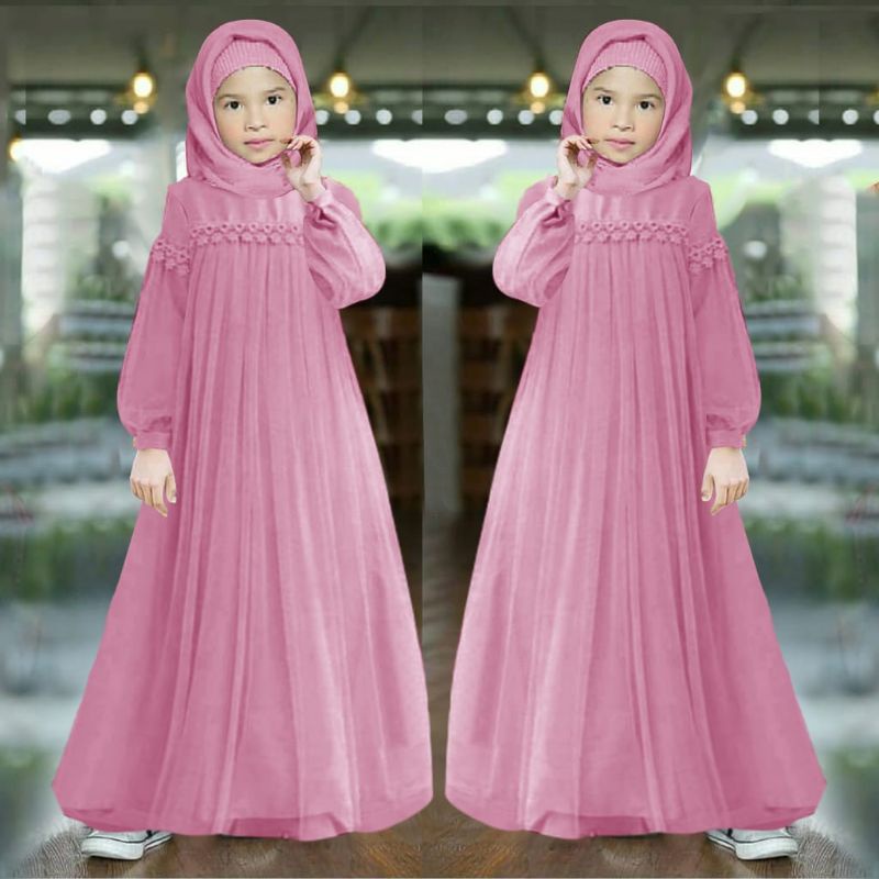 MAXY NURAINI KID ANAK, RENDA TILE, MOSCREPE PREMIUM, GAMIS HIJAB MUSLIM, DRESS, 3 UKURAN