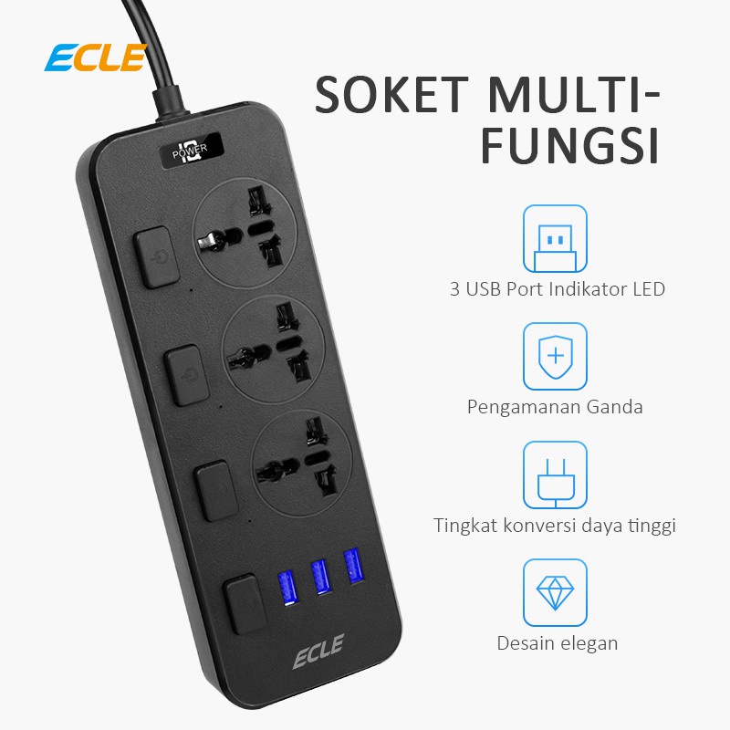 ECLE Stop Kontak Listrik Fast Charging - Power Strip Colokan Listrik Universal 110V - 250V dengan 3 USB Port 5V, 1A + Switch button dan Indikator LED - Panjang Kabel 2 Meter