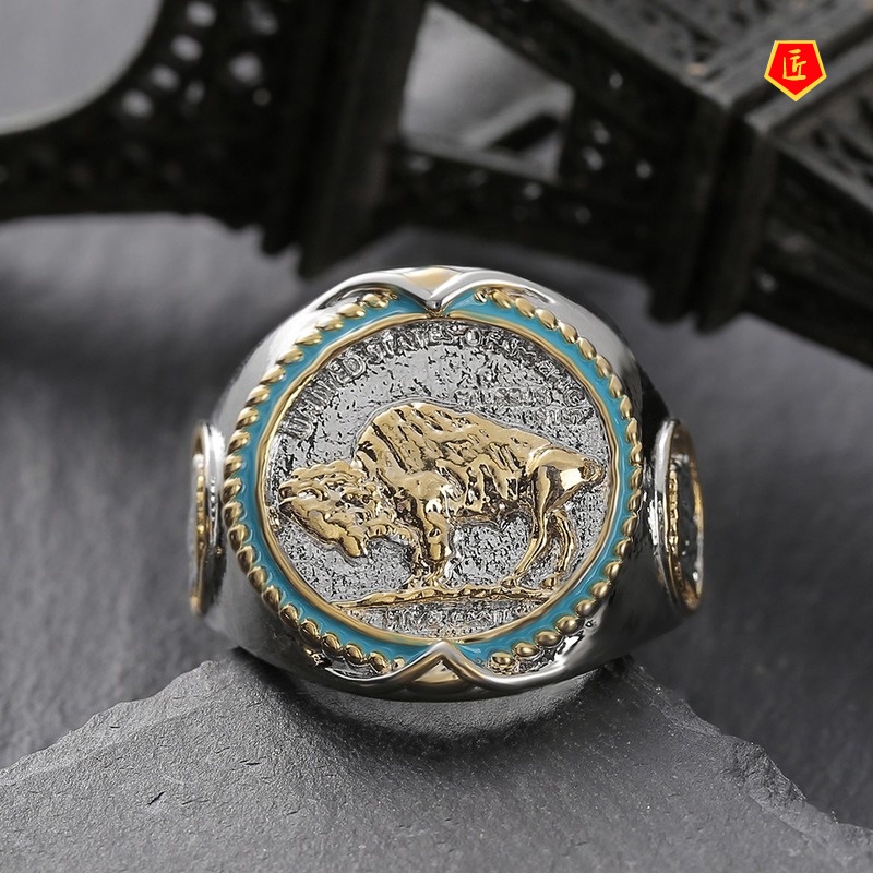 [Ready Stock]Retro Personality Commemorative Coin Two-Tone Ring for Men