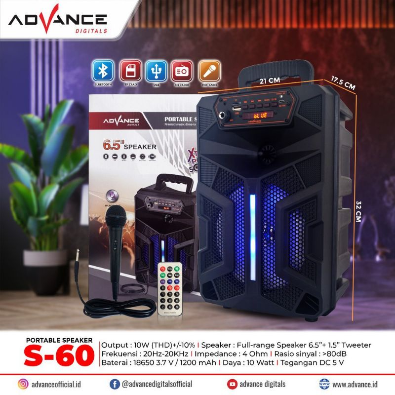 Speaker Portable Advance S60 Plus Mic Dan Remote/Salon Aktif Wireless Radio Fm/Speaker Bluetooth 6,5incih Super Bass/Speaker Wireless Xtra Power Sound