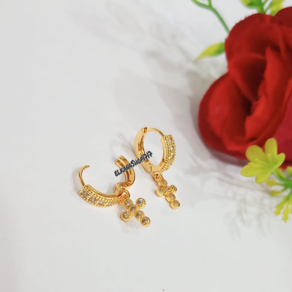 Anting Jepit Jurai salib trendy logam emas Korea tidak karat